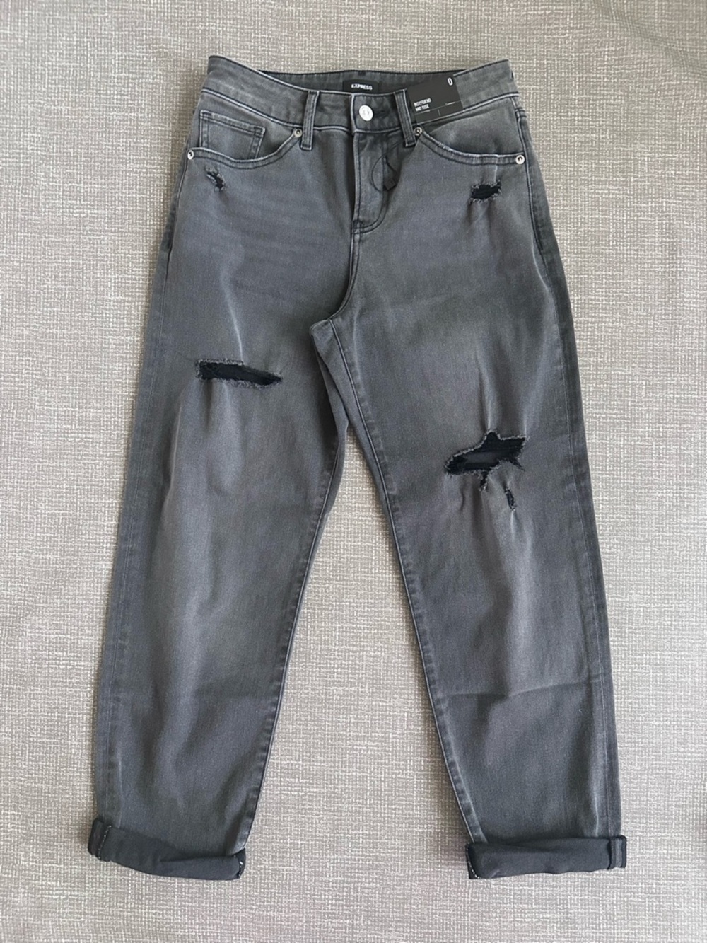Express Boyfriend Mid Rise Jeans Women’s 0 Gray Black Distressed